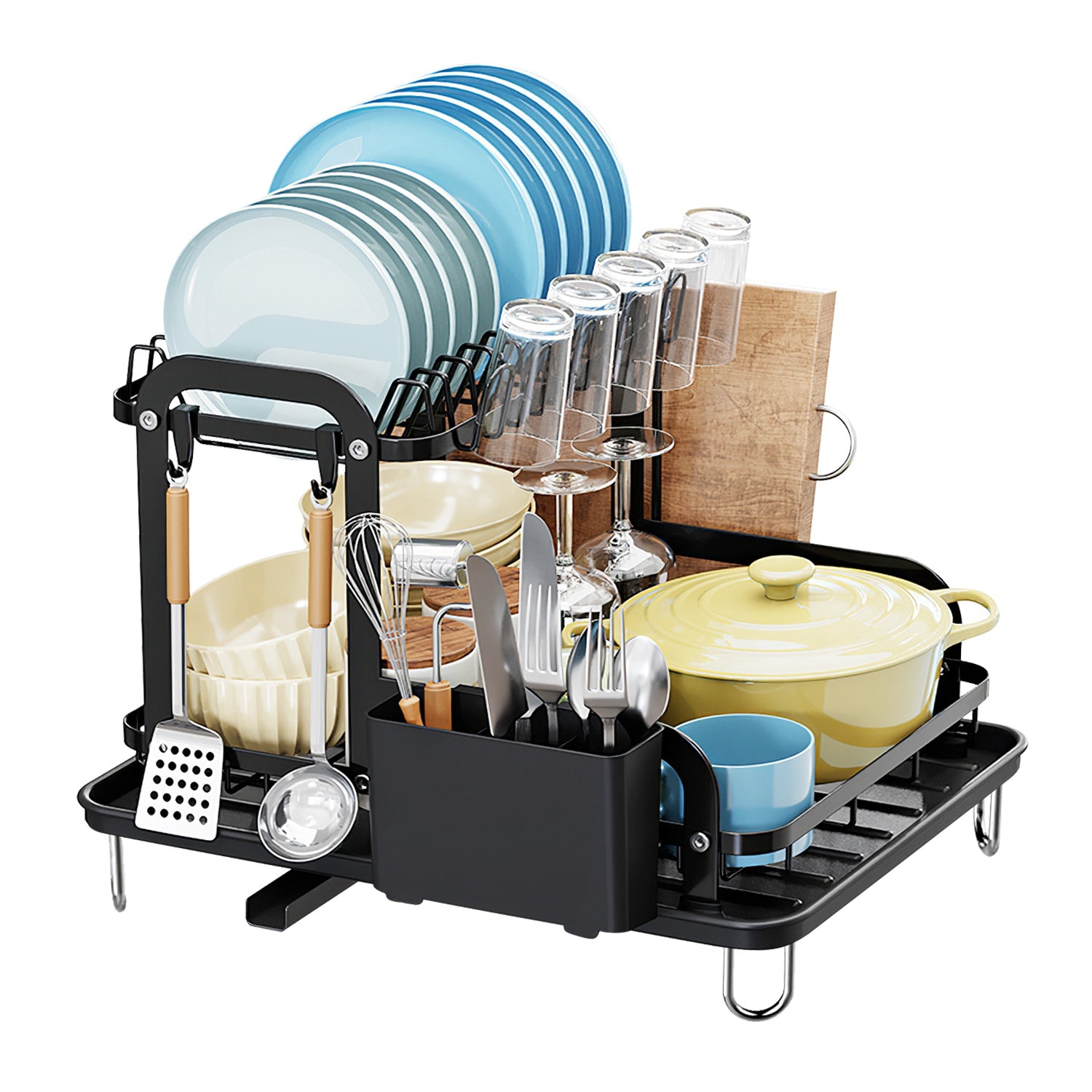 Space-Saving 2-Tier Dish Rack with Drainboard – Detachable Kitchen Organizer with Utensil Holder, Bowl Rack & Chopping Board Stand