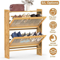 2-Tier Slim Bamboo Shoe Cabinet with 2 Flip Drawers – Freestanding Narrow Shoe Rack Organizer for Entryway or Hallway, Max Load 44lbs Multicolor