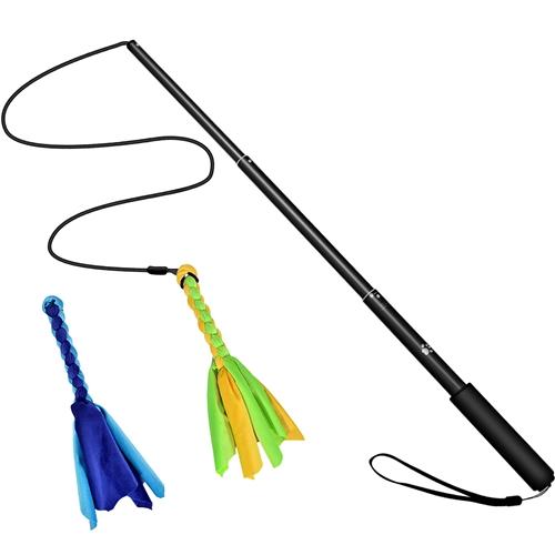 Extendable Dog Flirt Pole with Lure: 10.23-26.77in Teaser Wand & 2 Replaceable Interactive Tail Toys for Small, Medium & Large Dogs - Training & Exercise