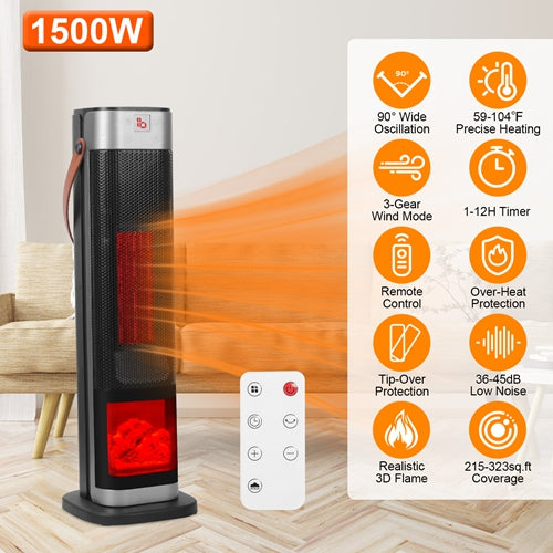 1500W Oscillating Ceramic Tower Space Heater – Portable Electric Heater with 3D Flame, 3 Wind Modes, Remote, 12H Timer & Overheat Protection
