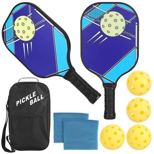 Pickleball Set 2 Fiberglass Paddles 4 Outdoor Indoor Balls Portable Carry Bag 2 Cooling Towel Lightweight Ergonomic Grip for Beginners Pros