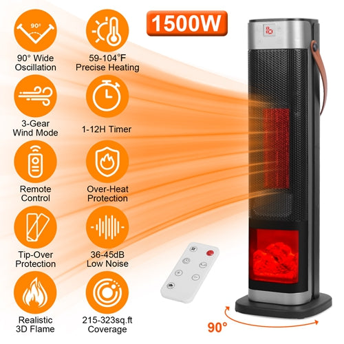 1500W Oscillating Ceramic Tower Space Heater – Portable Electric Heater with 3D Flame, 3 Wind Modes, Remote, 12H Timer & Overheat Protection