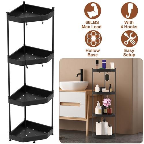4-Tier Corner Shower Caddy Floor Stand - Carbon Steel Bathroom Storage Rack with 4 Hooks for Bathtub Organization Organiser Standing