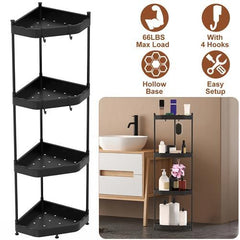 4-Tier Corner Shower Caddy Floor Stand - Carbon Steel Bathroom Storage Rack with 4 Hooks for Bathtub Organization Organiser Standing