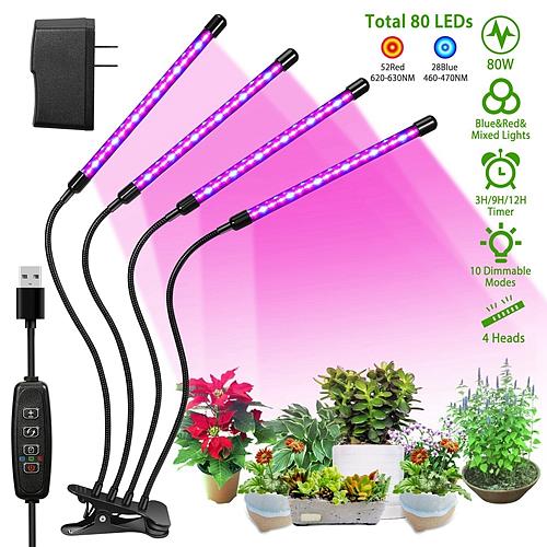 80W Plant Grow Light for Indoor Use – Full Spectrum LED with Timer, Gooseneck Arms, and 10 Dimmable Settings