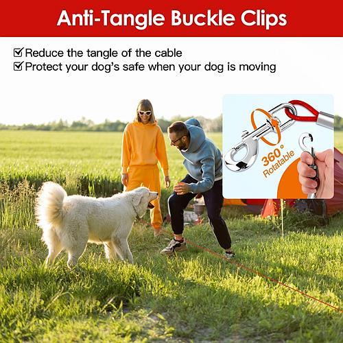 29.5FT Chew-Proof Dog Tie-Out Cable with Spring – Heavy-Duty Outdoor Dog Leash with 360° Rotating Clips & PVC Coating for Yard, Camping, or Travel