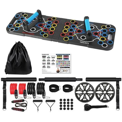 Multifunctional Push Up Board – Home Strength Training Equipment with 15 Fitness Accessories, Pilates Bar, Resistance Band, Roller Wheel for Full Body Workout