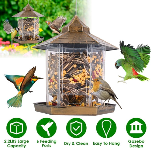 LakeForest Hanging Gazebo Bird Feeder – Outdoor Wild Bird Seed Station with 6 Feeding Ports, Large Capacity, Weatherproof Design for Garden & Patio