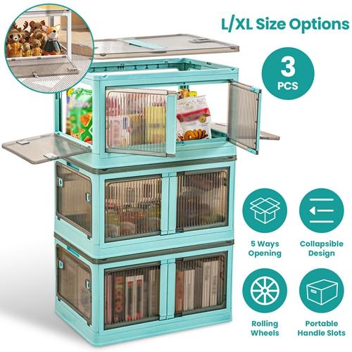 3-Pack Foldable Storage Bins with Lids – 4-Door Collapsible Closet Organizer Boxes with Locks and 4 Wheels – Stackable Storage Containers for Home & Office Green