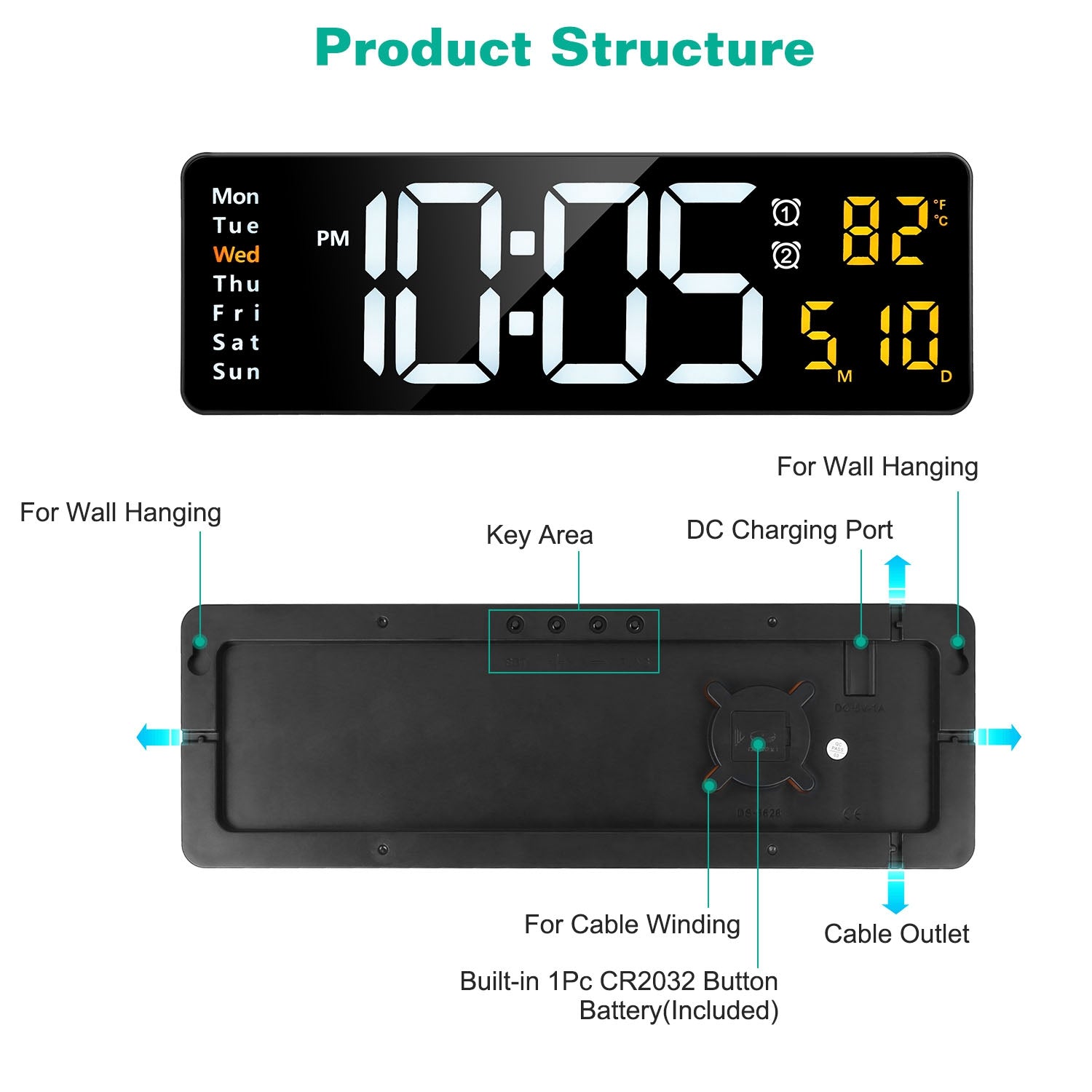 15.7in LED Digital Wall Clock with Remote, Adjustable Brightness, Alarms & Temperature Display