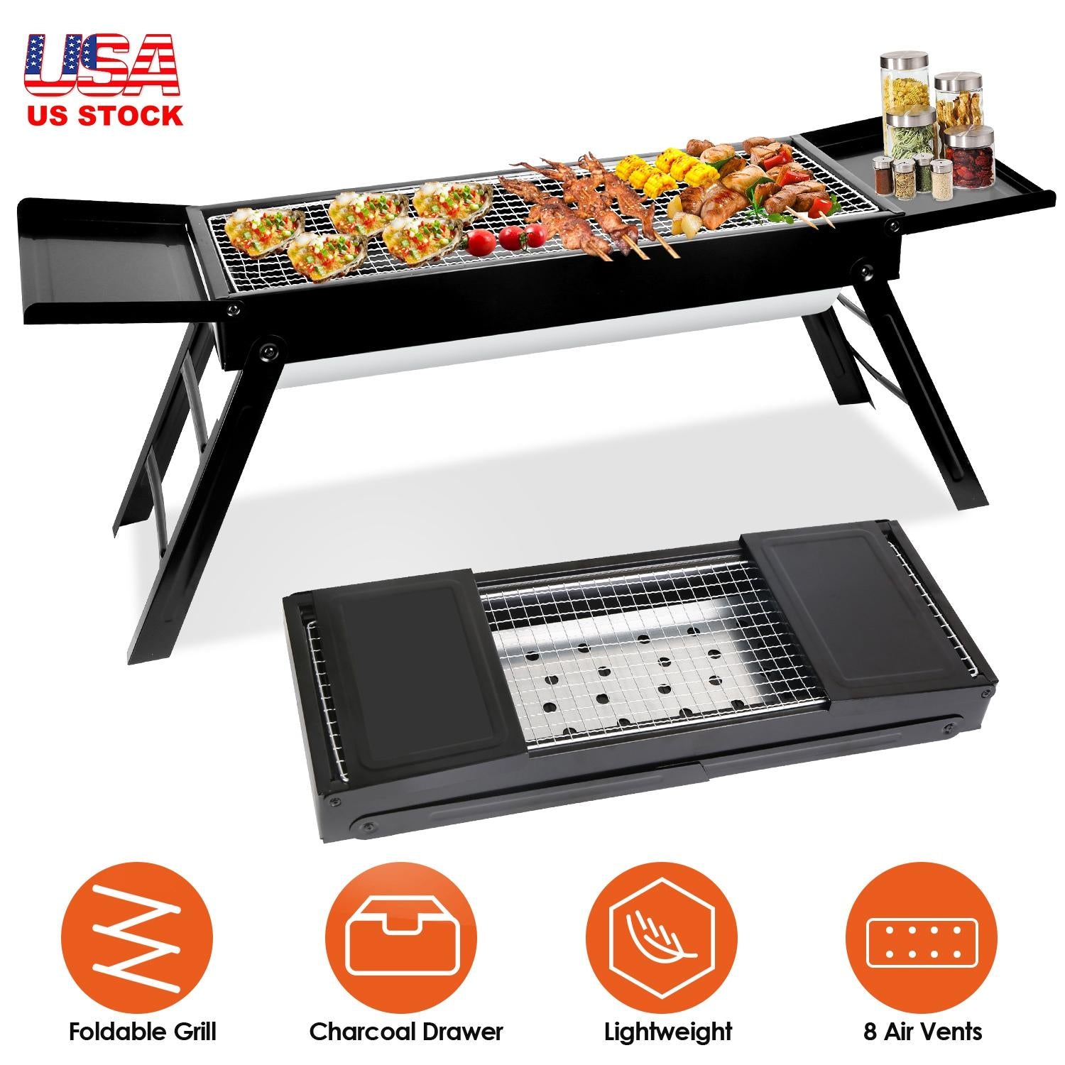 Portable Foldable Charcoal BBQ Grill – Stainless Steel with Shelf, Easy Setup for Camping, Picnics, Outdoor Parties, and Backyard Fun! Ash Beach