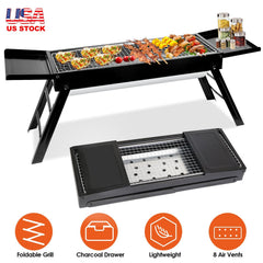 Portable Foldable Charcoal BBQ Grill – Stainless Steel with Shelf, Easy Setup for Camping, Picnics, Outdoor Parties, and Backyard Fun! Ash Beach