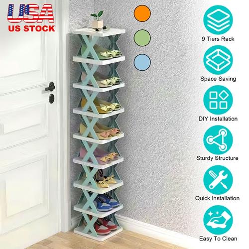 9-Tier Narrow Entryway Shoe Rack – Space-Saving Vertical Shoe Organizer for Closet, Hallway, and Entryway – Free-Standing Plastic Storage Shelf Lightweight Multicolor