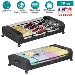 NewHome 2-Pack Rolling Under Bed Storage Containers with Clear Lids – 42L/11Gal Clothing Organizers for Easy Access and Space-Saving Boxes Bin