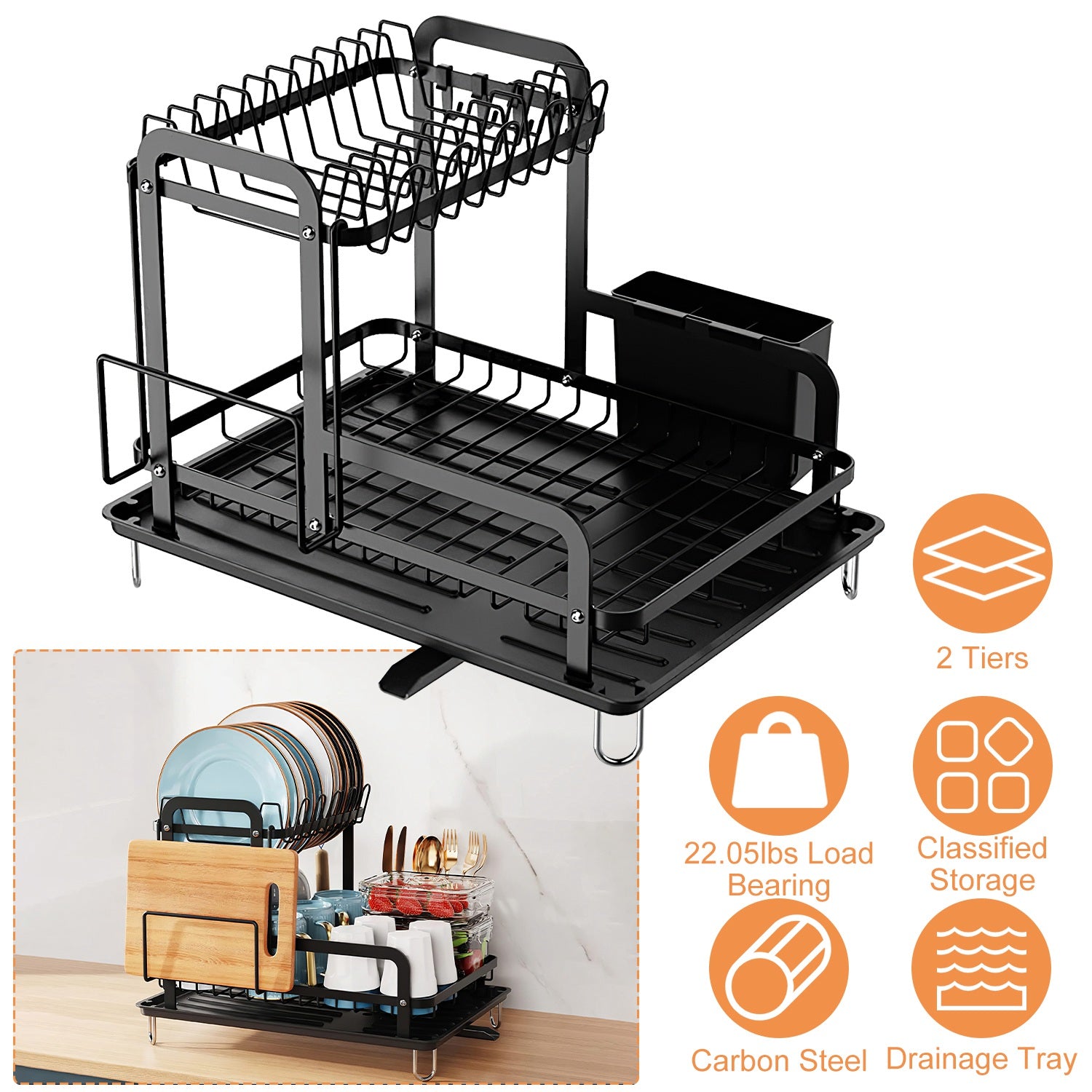 Space-Saving 2-Tier Dish Rack with Drainboard – Detachable Kitchen Organizer with Utensil Holder, Bowl Rack & Chopping Board Stand