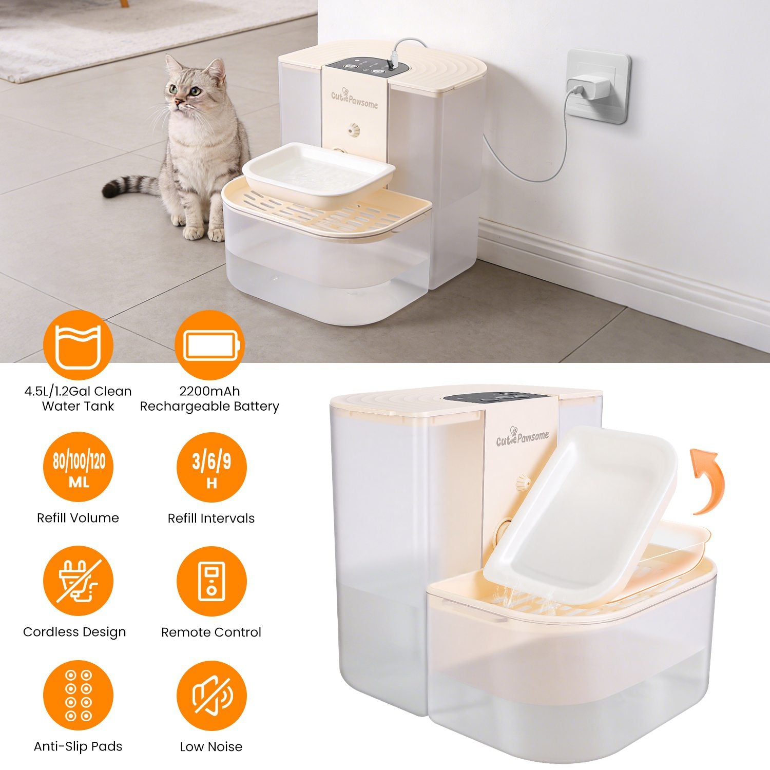 Smart Automatic Pet Water Fountain, 4.5L Rechargeable