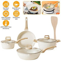 Kitchen Cookware Set – White Nonstick Granite Coating, Dishwasher Safe, Fast & Even Heat, Induction-Compatible Frying Pan, Stockpot, and Saucepan Stylish