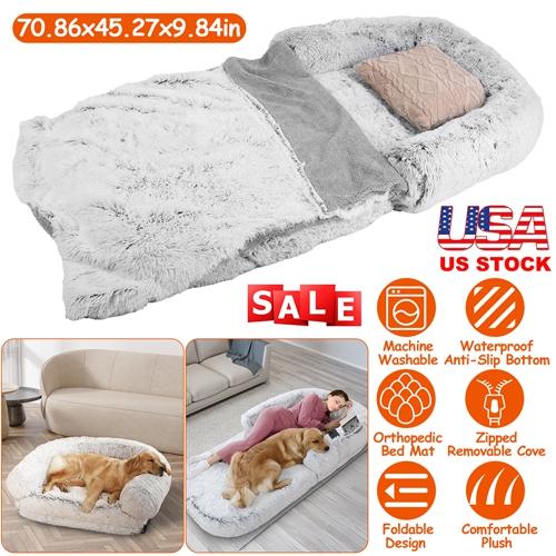 Large Foldable Human-Sized Dog Bed with Pillow & Blanket – Plush Flurry Napping Bed for Pets & Kids – Machine Washable with Zipped Removable Cover