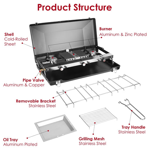 3-Burner Portable Propane Camping Stove – 20,000 BTU Foldable Gas Grill with Windshield & Toast Tray for Outdoor Cooking, RV, and BBQ