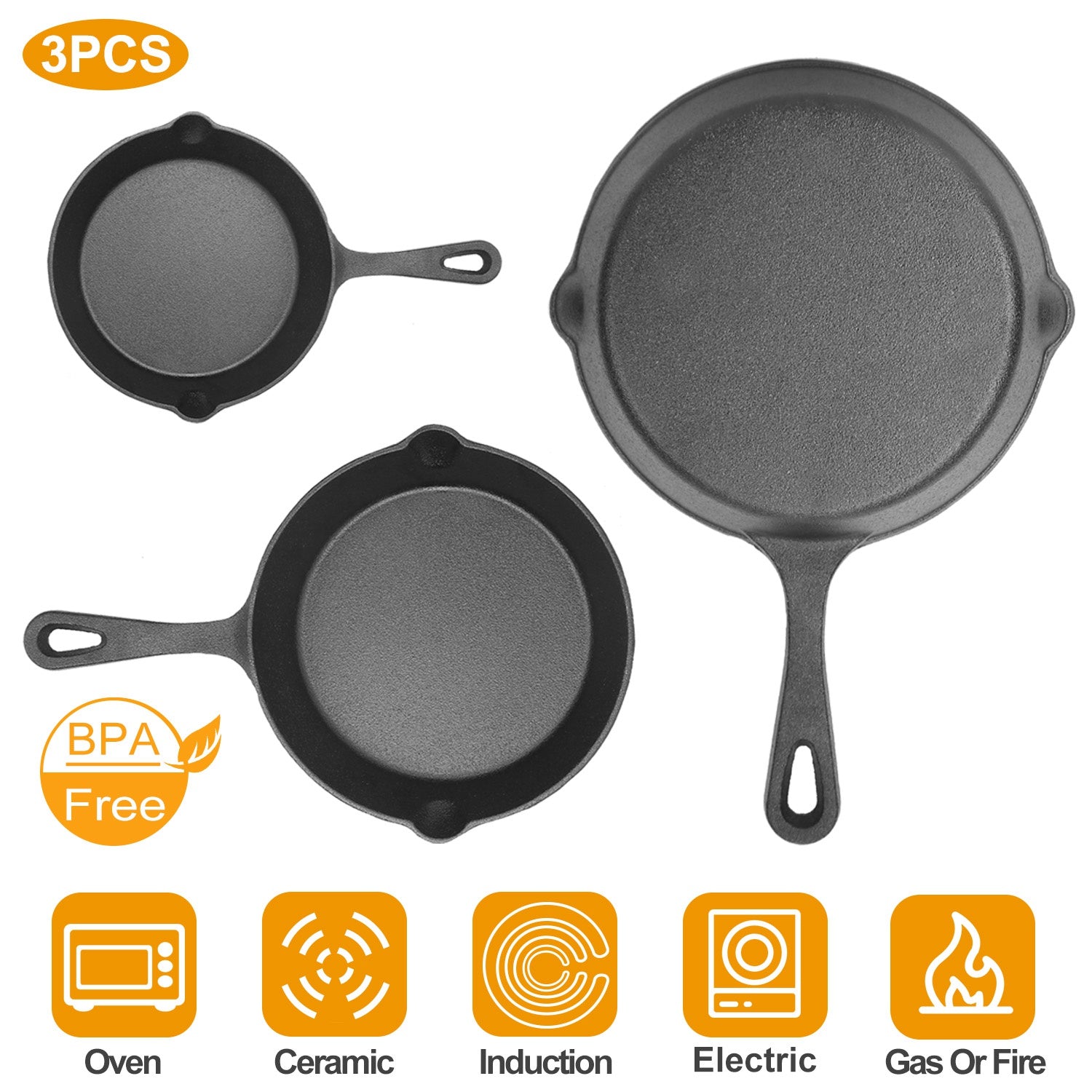 3-Piece Pre-Seasoned Cast Iron Skillet Set – 6", 8", 10" Frying Pans for Oven, Stove, and Grill