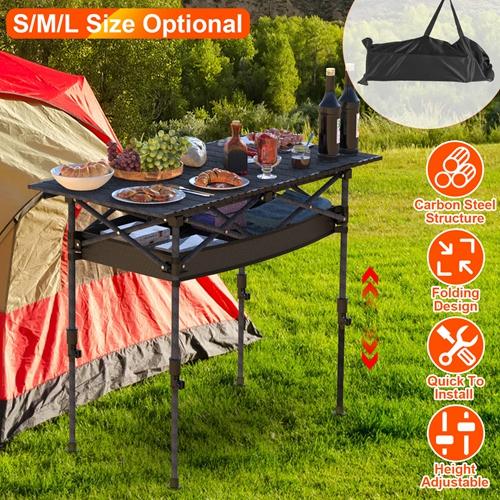 Portable Folding Camping Table 95CM – Adjustable Height, Rustproof Carbon Steel, Roll-Up Design with Hanging Storage Net – Perfect for Picnic, Hiking & Beach