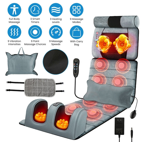 Full Body Heated Vibrating Massage Mat with Neck & Foot Massage Pillow, Adjustable Intensity, and Soft Lumbar Support – Portable Massage Mattress Pad for Home & Office Use
