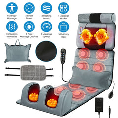 Full Body Heated Vibrating Massage Mat with Neck & Foot Massage Pillow, Adjustable Intensity, and Soft Lumbar Support – Portable Massage Mattress Pad for Home & Office Use