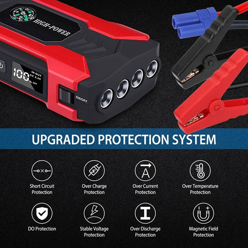 Powerful 800A Car Jump Starter, 28000mAh – 12V Battery Charger for Up to 6.0L Gas or 3.0L Diesel Engines with LCD Screen & 4 Modes LED Flashlight