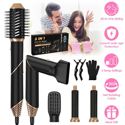 5-in-1 Hot Air Styler Set – Hair Dryer, Straightener, Curler & Volumizer with Auto Wrap, 3 Heat Settings, ALCI Plug & Accessories