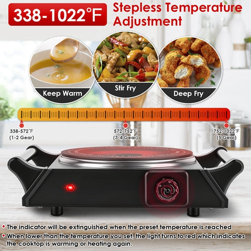 1000W Electric Single Burner Hot Plate – Portable Countertop Stove with 5 Stepless Temperature Adjustments & Handles