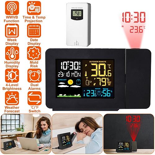 Atomic Projection Alarm Clock with Wireless Weather Station & Dual Alarms