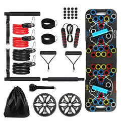 Multifunctional Push Up Board – Home Strength Training Equipment with 15 Fitness Accessories, Pilates Bar, Resistance Band, Roller Wheel for Full Body Workout