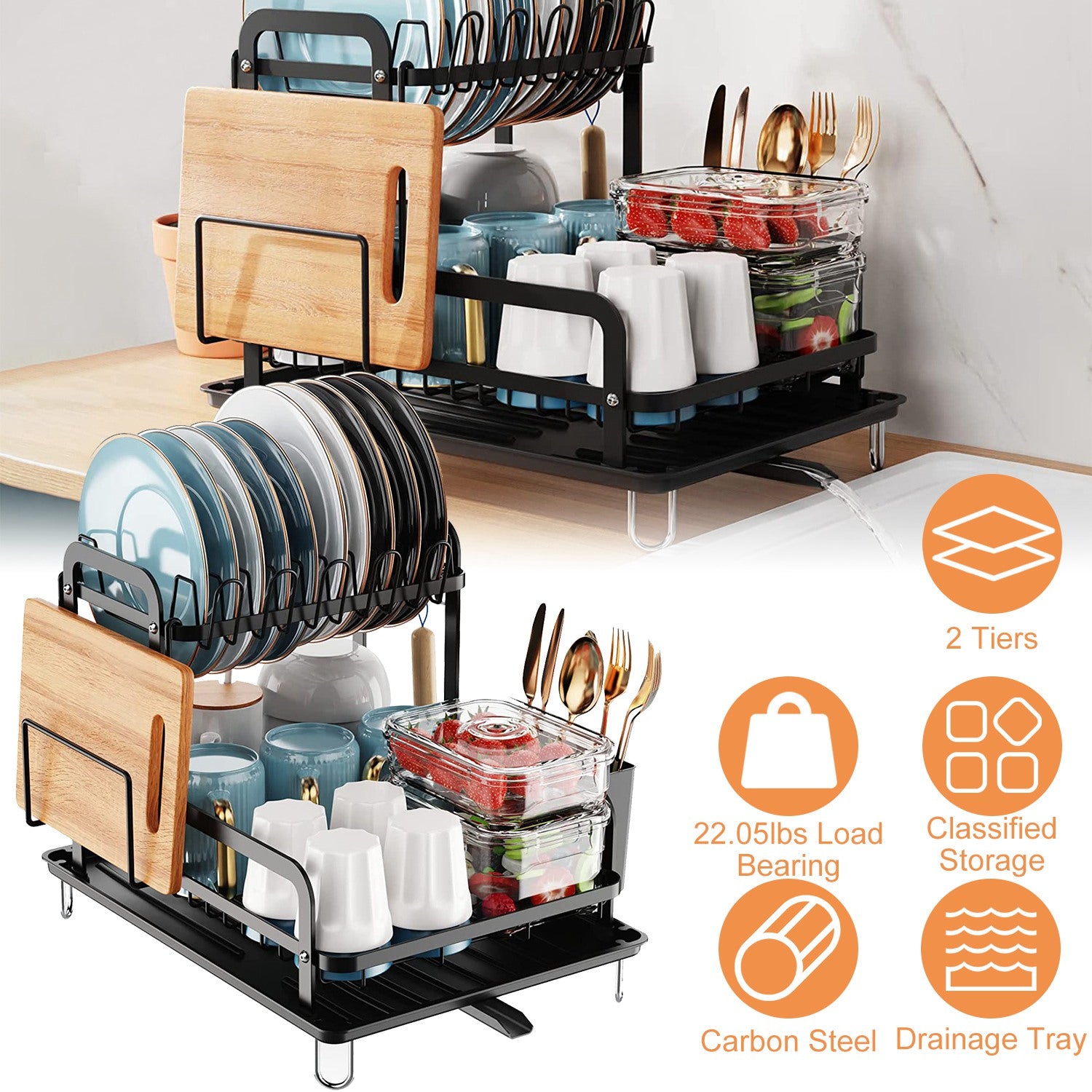 Space-Saving 2-Tier Dish Rack with Drainboard – Detachable Kitchen Organizer with Utensil Holder, Bowl Rack & Chopping Board Stand