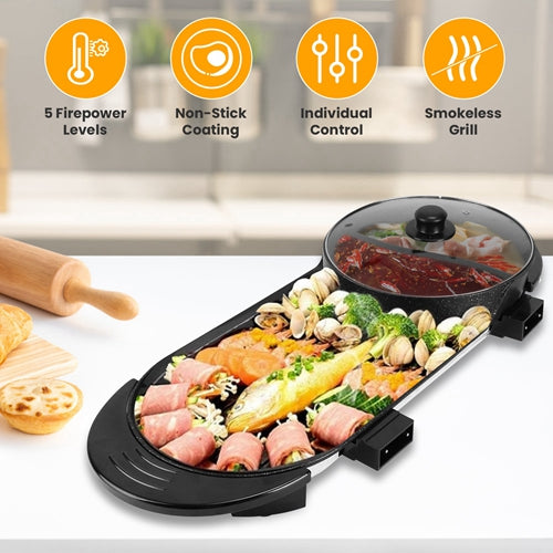 2200W 2-in-1 Korean BBQ Grill & Shabu Shabu Hot Pot – Independent Temperature Control, Smokeless