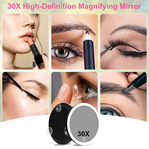 30X Magnifying Makeup Mirror with Light – 3 Color Modes, Dimmable Brightness, 360° Adjustable, Travel Mirror with Suction Cup, Tweezer & Scissor Included