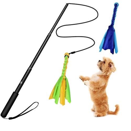 Extendable Dog Flirt Pole with Lure: 10.23-26.77in Teaser Wand & 2 Replaceable Interactive Tail Toys for Small, Medium & Large Dogs - Training & Exercise