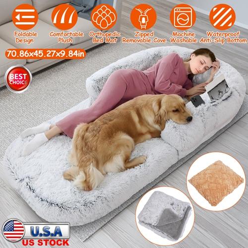 Large Foldable Human-Sized Dog Bed with Pillow & Blanket – Plush Flurry Napping Bed for Pets & Kids – Machine Washable with Zipped Removable Cover