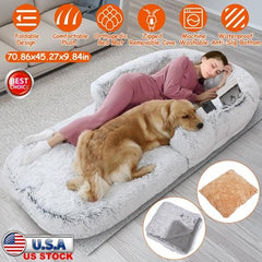 Large Foldable Human-Sized Dog Bed with Pillow & Blanket – Plush Flurry Napping Bed for Pets & Kids – Machine Washable with Zipped Removable Cover