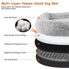 Large Foldable Human-Sized Dog Bed with Pillow & Blanket – Plush Flurry Napping Bed for Pets & Kids – Machine Washable with Zipped Removable Cover