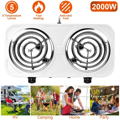 2000W Dual Coil Electric Hot Plate – Portable Countertop Stove with 5-Level Temperature Control & Non-Slip Feet – Ideal for RV, Dorm, or Kitchen Use