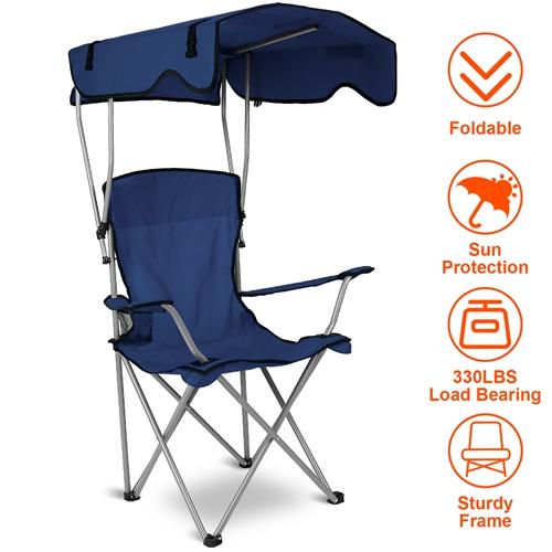 Foldable Beach Canopy Chair – Sun Protection Camping Lawn Chair, 330LBS Load Capacity, Folding Seat with Cup Holder for Beach, Poolside, Travel & Picnic
