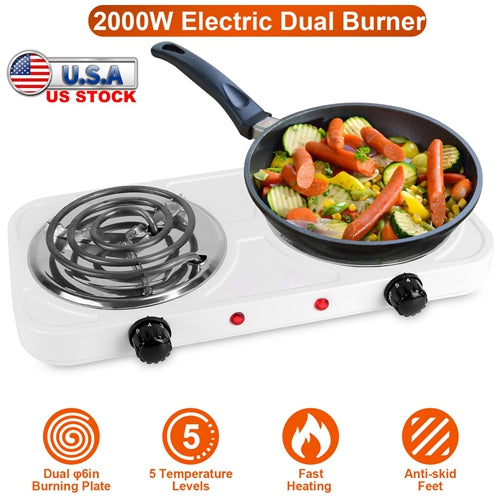 2000W Dual Coil Electric Hot Plate – Portable Countertop Stove with 5-Level Temperature Control & Non-Slip Feet – Ideal for RV, Dorm, or Kitchen Use