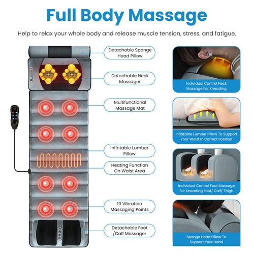 Full Body Heated Vibrating Massage Mat with Neck & Foot Massage Pillow, Adjustable Intensity, and Soft Lumbar Support – Portable Massage Mattress Pad for Home & Office Use