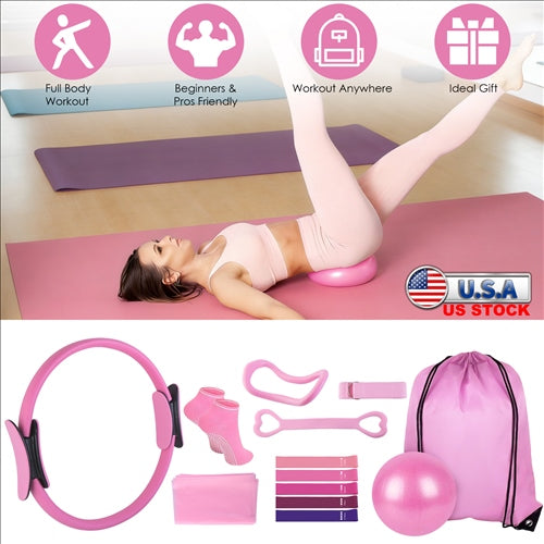 14-Piece Pilates Ring Essentials Kit for Women – Yoga Ball, Arm Stretcher, 5 Resistance Bands, Figure 8 Band, Non-Slip Socks