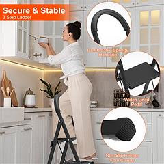 NewHome 3-Step Foldable Ladder – Heavy Duty 330 lbs Step Stool with Wide Anti-Slip Pedals, Safety Lock & Soft Grip Handle | Lightweight Portable Folding Ladder for Home & Kitchen