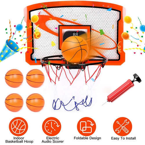 Indoor Mini Basketball Hoop with Audio Scorer & 4 Balls – Fun for Kids & Adults!