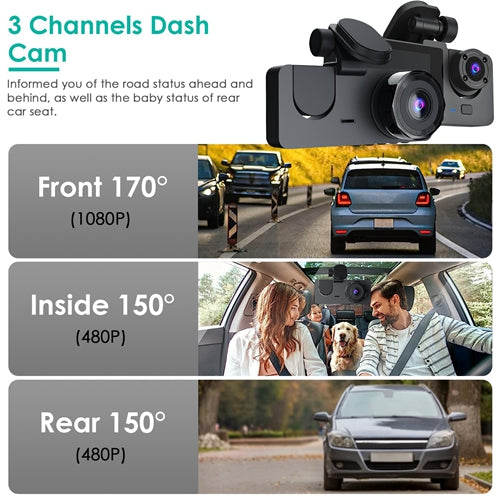 3-Channel Dash Cam with Front, Inside & Rear Cameras – 1080P Car DVR, G-Sensor, Motion Detection, Parking Monitor, Loop Recording – Includes 32GB Card