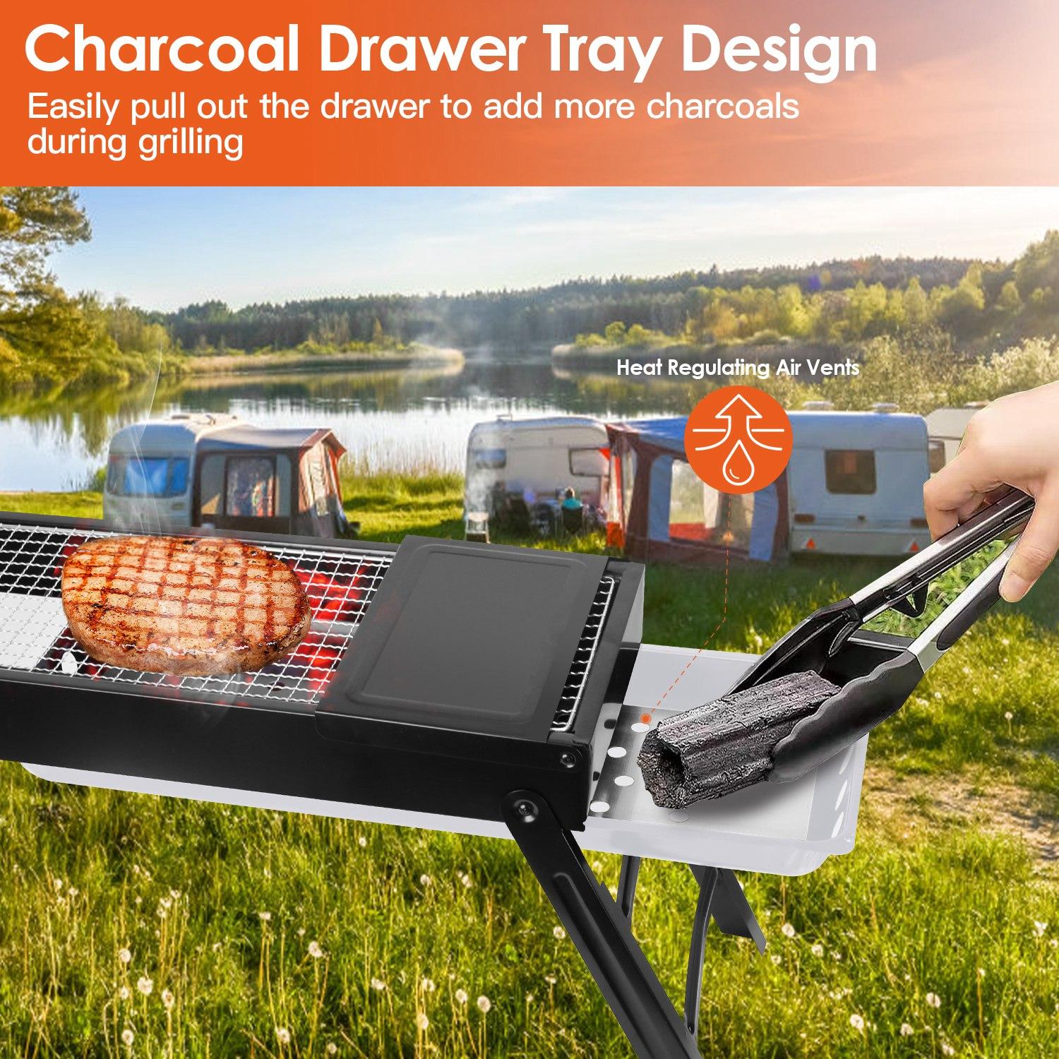 Portable Foldable Charcoal BBQ Grill – Stainless Steel with Shelf, Easy Setup for Camping, Picnics, Outdoor Parties, and Backyard Fun! Ash Beach