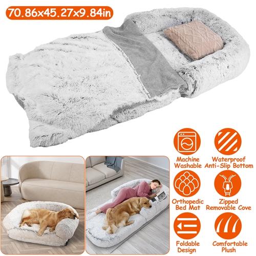 Large Foldable Human-Sized Dog Bed with Pillow & Blanket – Plush Flurry Napping Bed for Pets & Kids – Machine Washable with Zipped Removable Cover