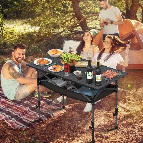 Portable Folding Camping Table 95CM – Adjustable Height, Rustproof Carbon Steel, Roll-Up Design with Hanging Storage Net – Perfect for Picnic, Hiking & Beach